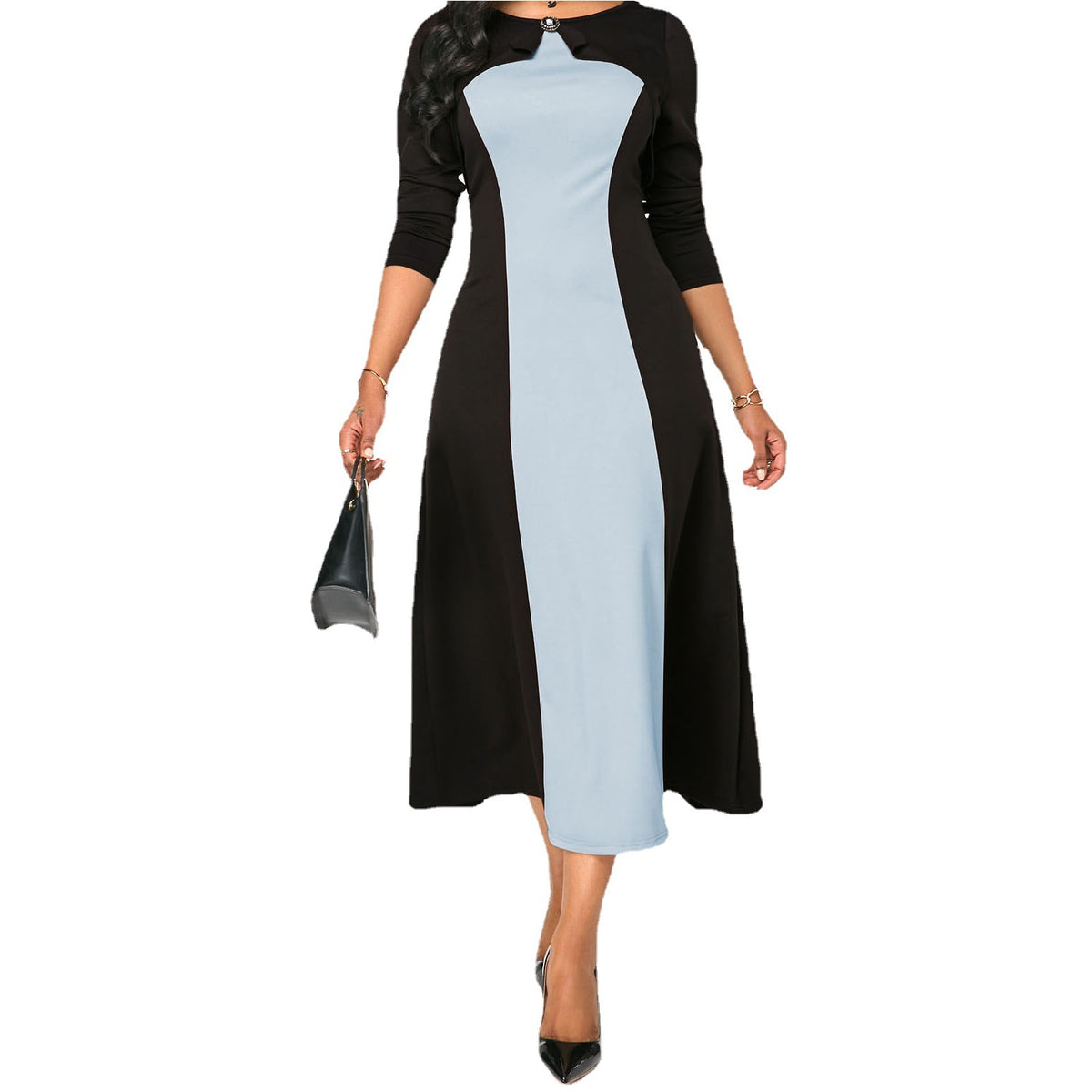 Spring And Autumn Round Neck Contrast Long-sleeved Sweet Party Dress