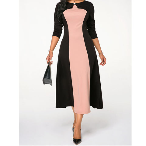 Spring And Autumn Round Neck Contrast Long-sleeved Sweet Party Dress