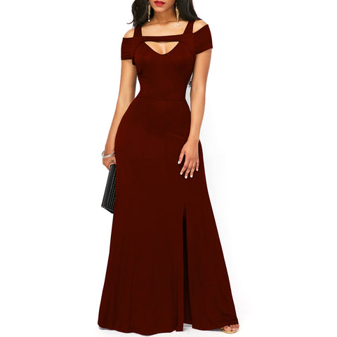 Solid Color V-neck Sexy Strapless Split Slim Fit Party Dress