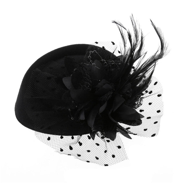 Vintage Woolen Hat, Pearl Feather Flower Hairpin