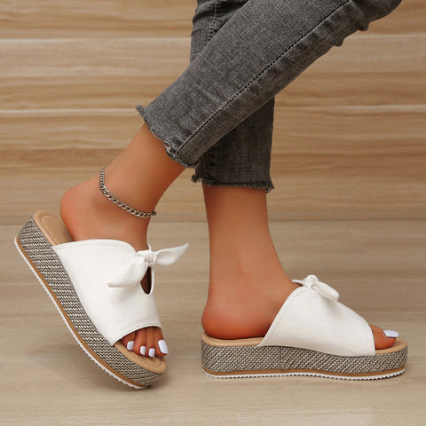 Peep Toe Sandals Bow Platform Mid Heels Slippers Outdoor Slides Shoes