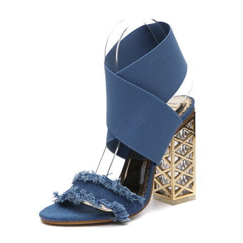 Women's Thick-heeled Denim Fringed High-heeled Fish Mouth Sandals