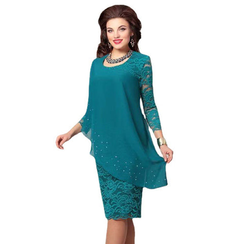 Solid Color Lace Stitching Elegant Cropped Sleeves Slim Dress