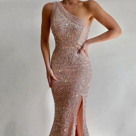 Women's Slit Skirt One-shoulder Sequin Dress