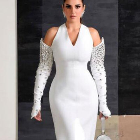 Women's Temperament Fashion V-neck Slim Diamond Studded Dress