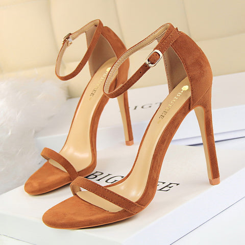 High-heeled suede open-toe pumps