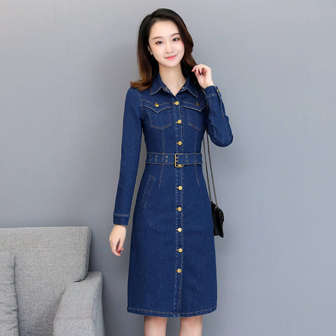 Slim Medium Long Denim Single Breasted Long Sleeve Dress