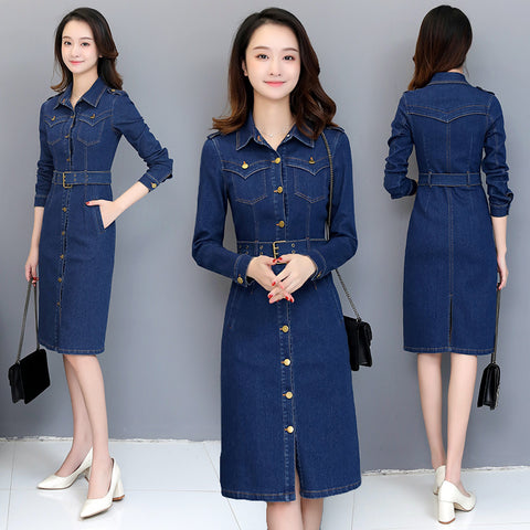 Slim Medium Long Denim Single Breasted Long Sleeve Dress