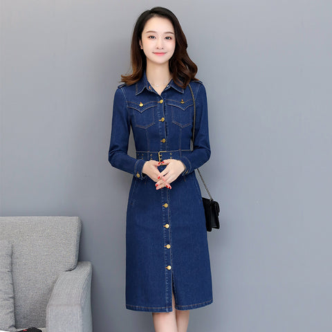 Slim Medium Long Denim Single Breasted Long Sleeve Dress