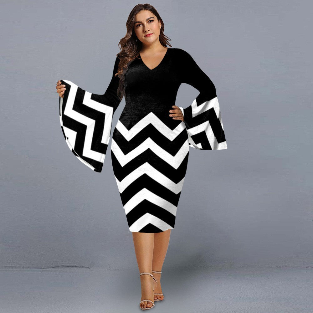 Bell Sleeve Positional Print V-Neck Dress