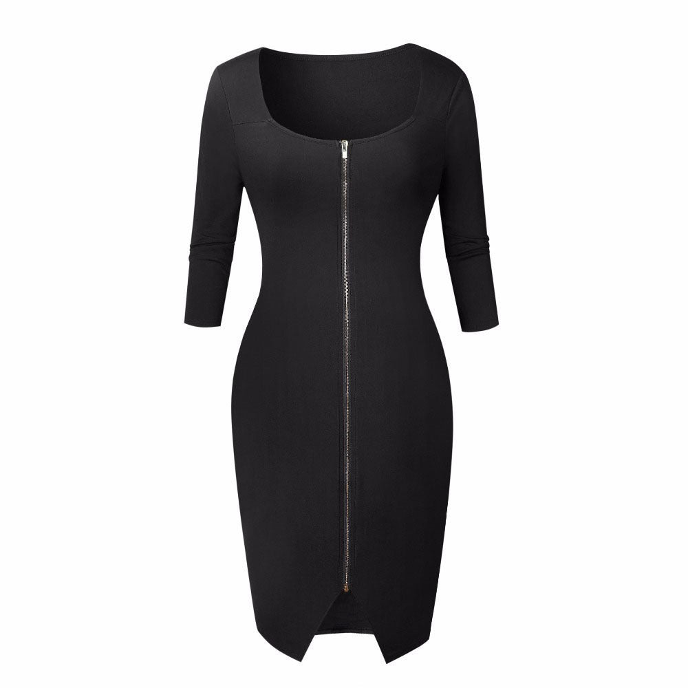 Square Collar Front Zipper Slim Fit Sexy Sheath Dress