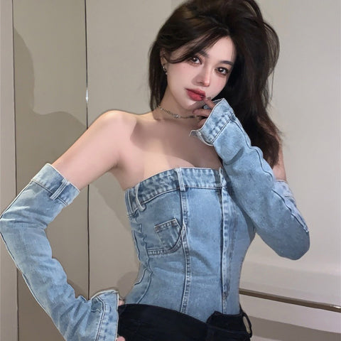 Short Summer Strapless Denim Vest Top For Women