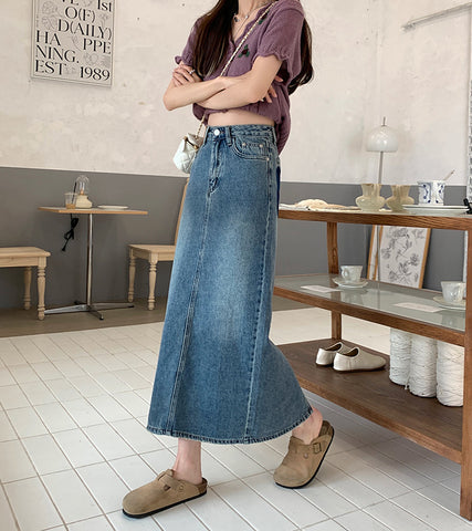 Summer Women's Vintage High Waist Seasonal Design Contrast Pocket Denim Skirt