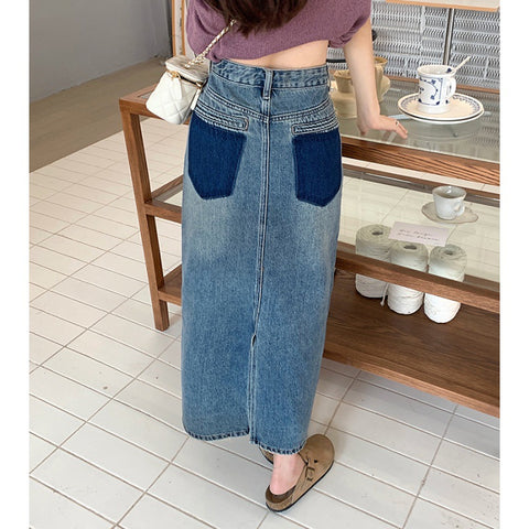 Summer Women's Vintage High Waist Seasonal Design Contrast Pocket Denim Skirt