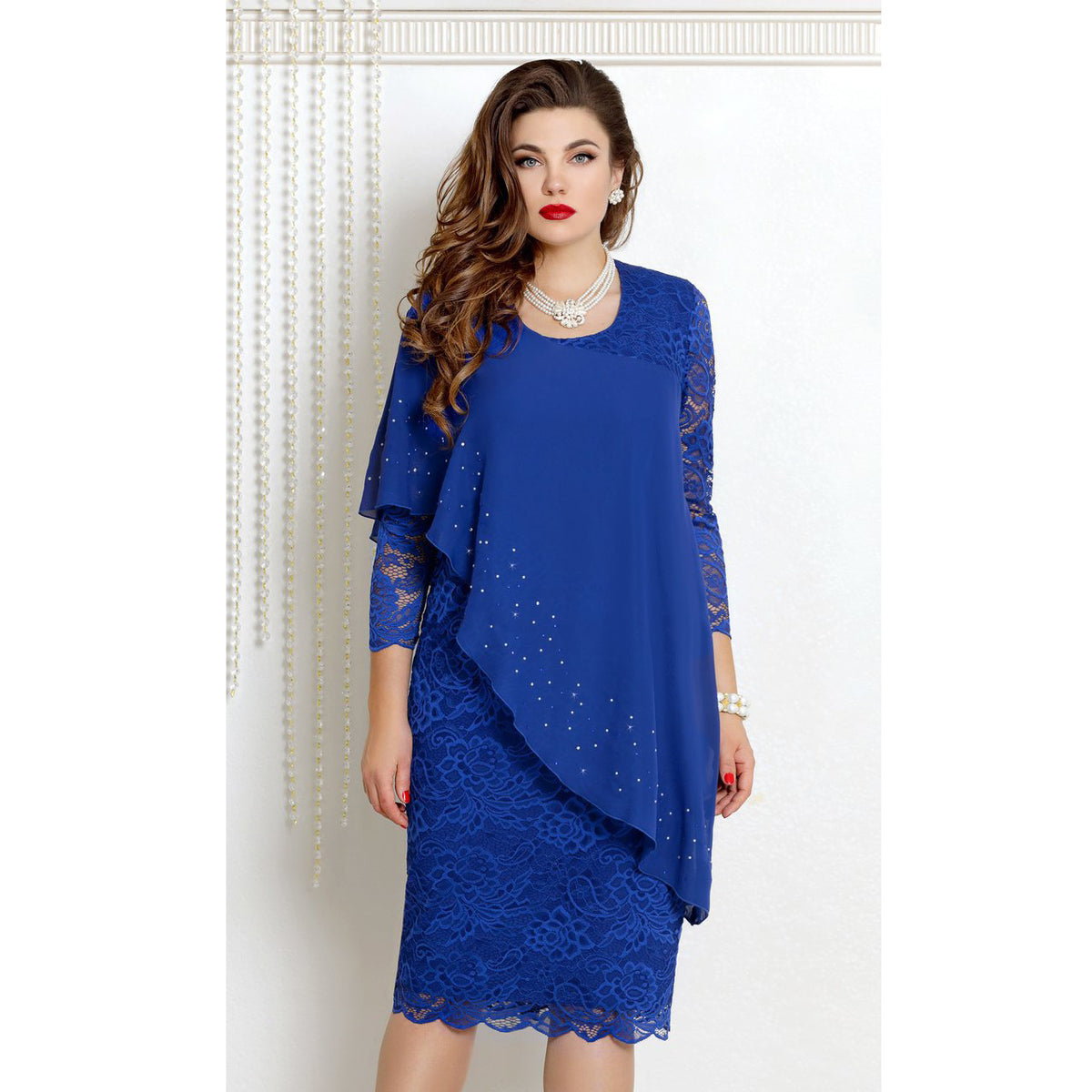 Solid Color Lace Stitching Elegant Cropped Sleeves Slim Dress